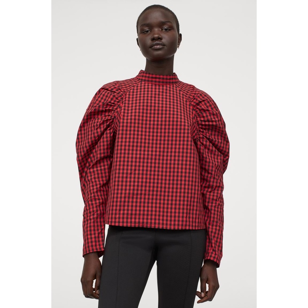 H&M Red Buffalo Check Puff Sleeve Top Women M Mock Neck Preppy Dark Academia
